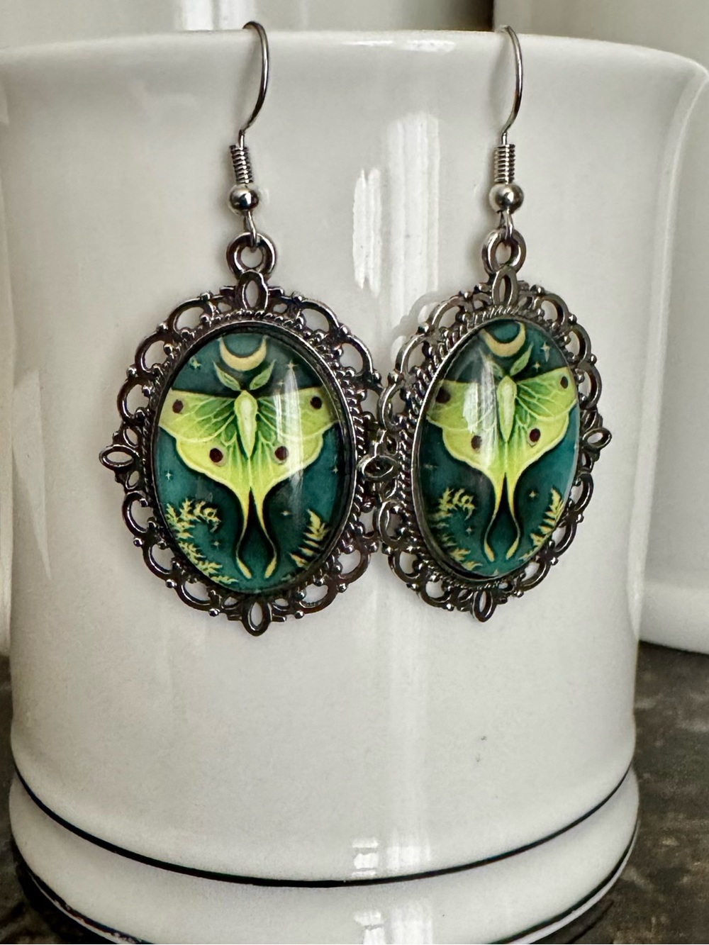 Green Luna Moth Filigree Dangle Earrings  Cameo charm about 1.25”